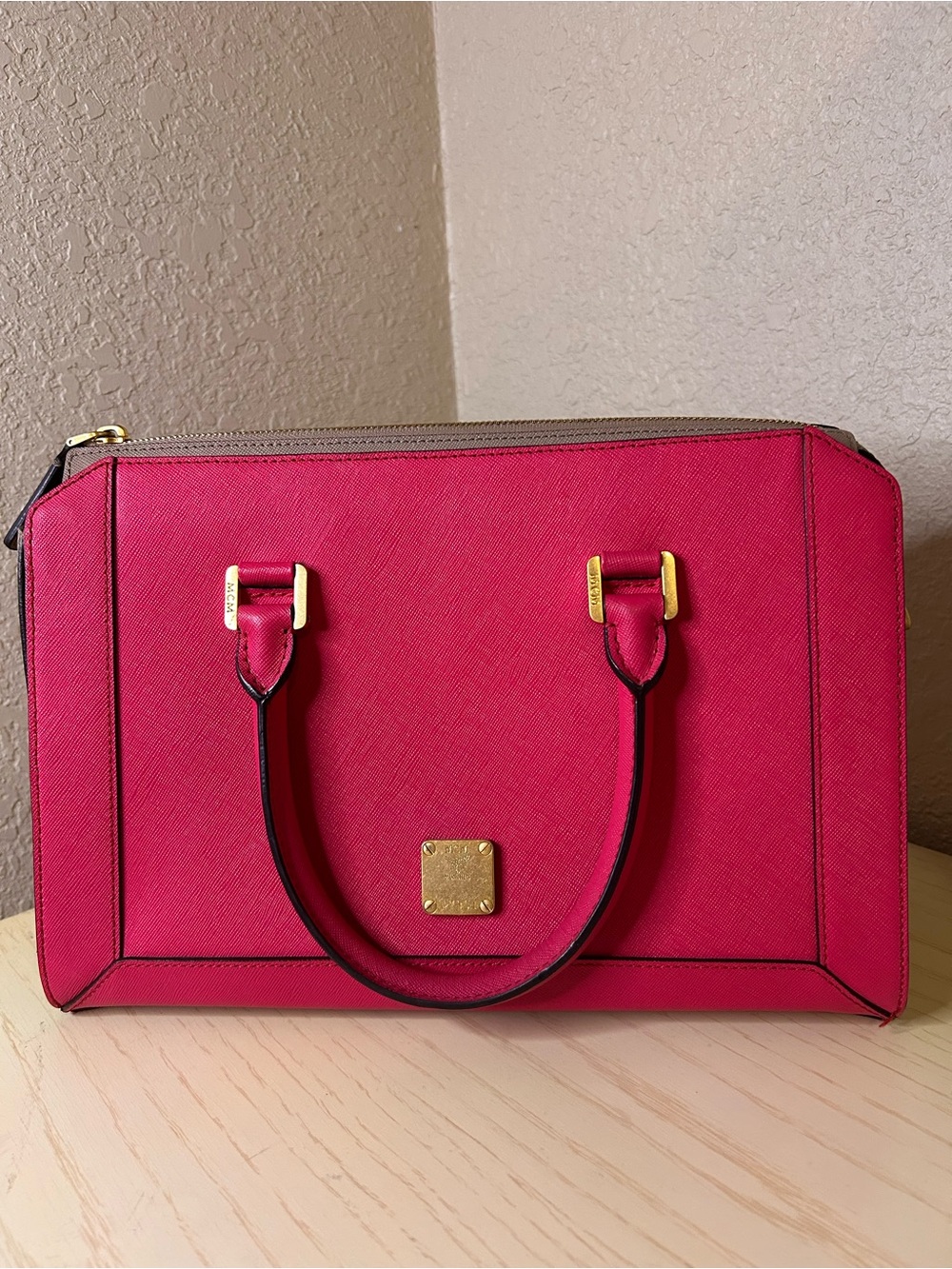 Authentic MCM Saffiano Leather Colorblock Satchel Tote Pink Taupe Gold Hardware